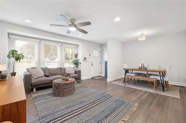2572 Beverly Hills Dr, Chamblee, GA 30341 - living area featuring baseboards, ceiling fan, wood finished floors, and recessed lighting