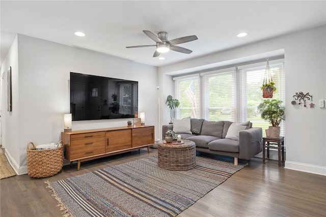 2572 Beverly Hills Dr, Chamblee, GA 30341 - living room featuring a ceiling fan, baseboards, dark wood-style floors, and recessed lighting