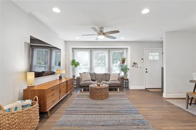 2572 Beverly Hills Dr, Chamblee, GA 30341 - living area with a ceiling fan, baseboards, dark wood-style flooring, and recessed lighting