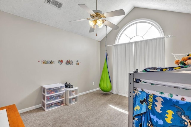 2780 Matlin Way, Buford, GA 30519 - bedroom with vaulted ceiling, baseboards, carpet floors, a textured ceiling, and ceiling fan