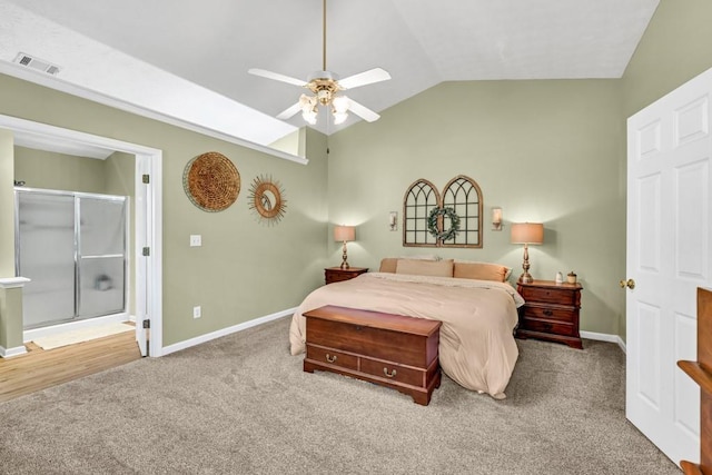 2780 Matlin Way, Buford, GA 30519 - carpeted bedroom with baseboards, lofted ceiling, and a ceiling fan
