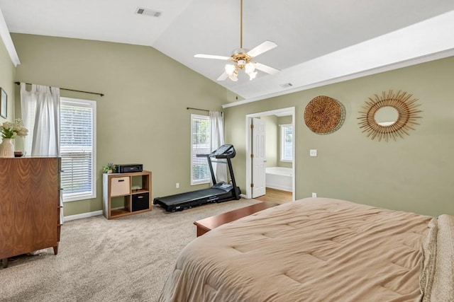 2780 Matlin Way, Buford, GA 30519 - carpeted bedroom with lofted ceiling, baseboards, ensuite bath, and a ceiling fan