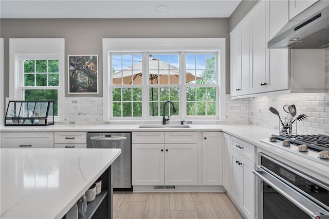 1775 Porterton Way, Cumming, GA 30041 - kitchen with under cabinet range hood, stainless steel appliances, white cabinets, and healthy amount of natural light