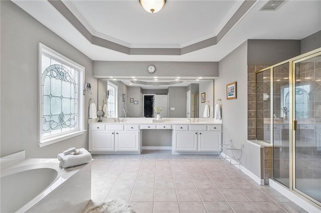 1775 Porterton Way, Cumming, GA 30041 - full bath featuring double vanity, a shower stall, a garden tub, a tray ceiling, and ornamental molding