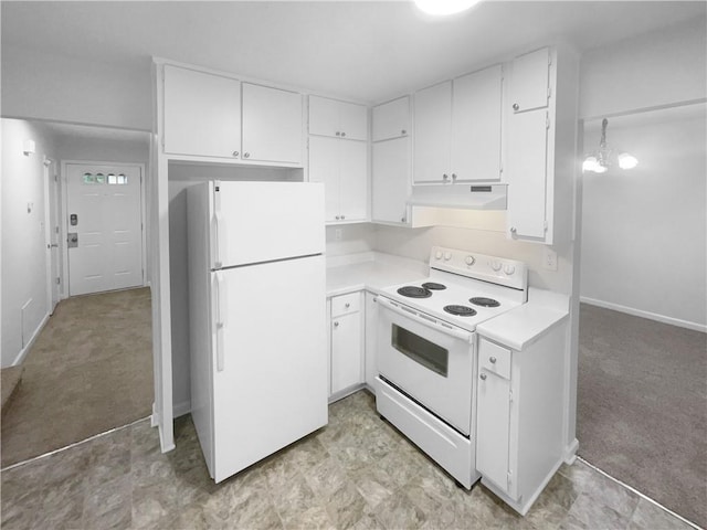 kitchen with white appliances, under cabinet range hood, light countertops, and white cabinetry