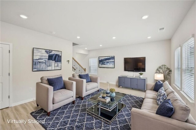 2770 Aralynn Way, College Park, GA 30337 - living room with recessed lighting, stairway, visible vents, baseboards, and wood finished floors