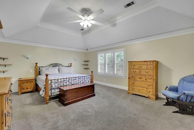 bedroom featuring a raised ceiling, ceiling fan, crown molding, and carpet flooring