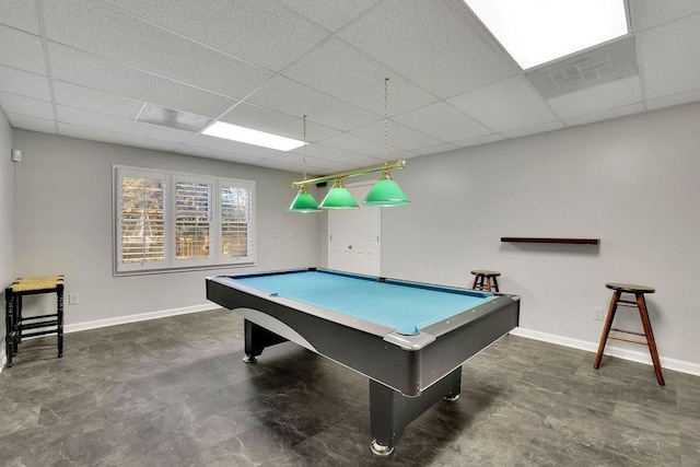 game room with a drop ceiling and pool table