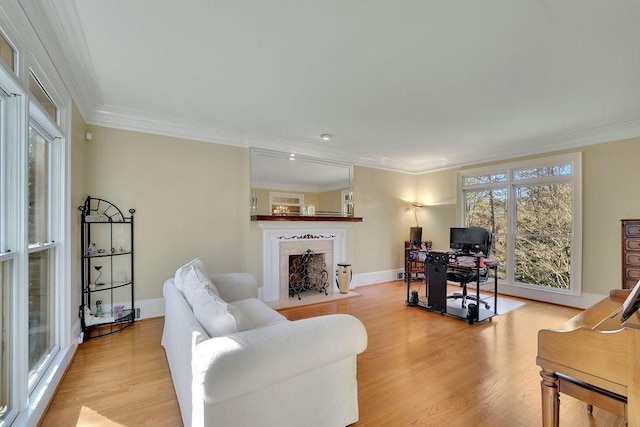 living room featuring light hardwood / wood-style flooring and ornamental molding