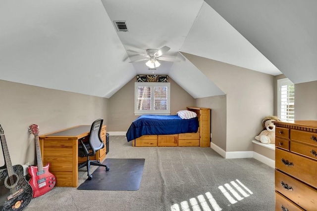 bedroom with ceiling fan, light carpet, and lofted ceiling