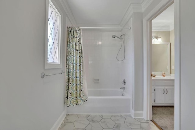 bathroom with vanity, shower / bath combination with curtain, and crown molding