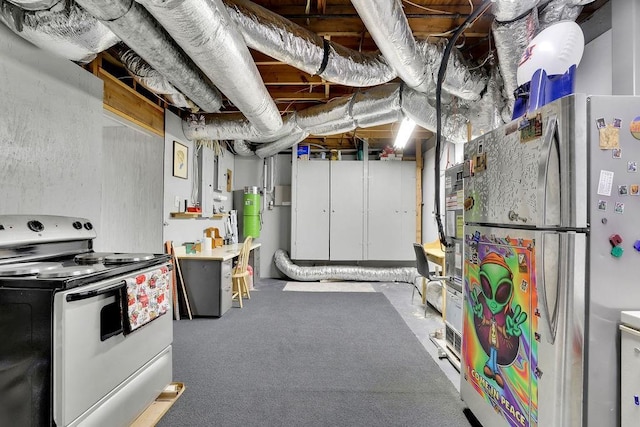 basement featuring stainless steel fridge