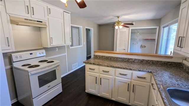 kitchen featuring kitchen peninsula, dark hardwood / wood-style flooring, sink, electric stove, and white cabinets