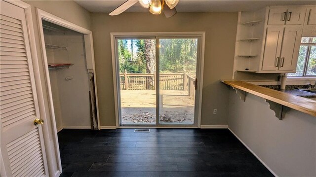 doorway featuring dark hardwood / wood-style floors and ceiling fan