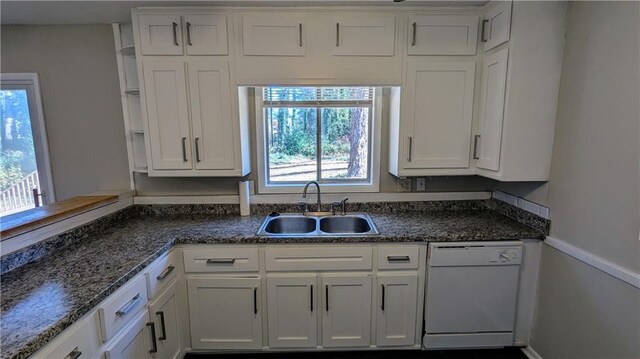 kitchen featuring dishwasher, white cabinets, dark stone countertops, and sink