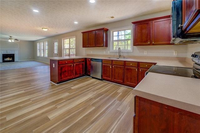 kitchen with dishwasher, sink, a healthy amount of sunlight, range with electric stovetop, and kitchen peninsula