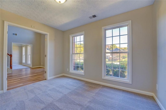 unfurnished room with light colored carpet and a textured ceiling