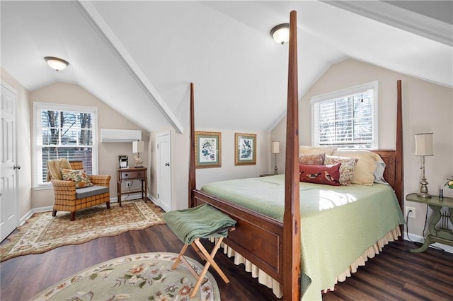 bedroom featuring multiple windows, a wall mounted AC, and wood finished floors