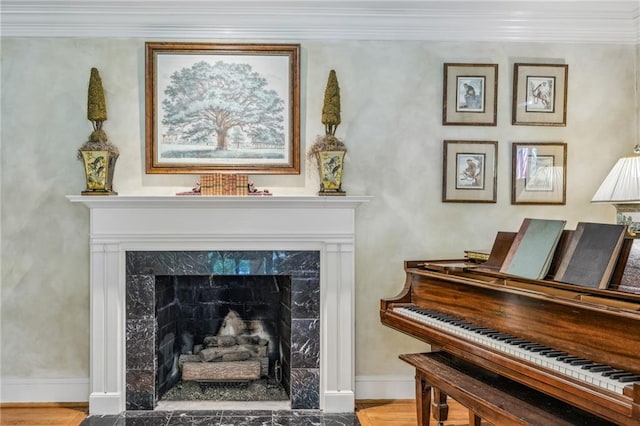 misc room with a fireplace, crown molding, and light hardwood / wood-style flooring