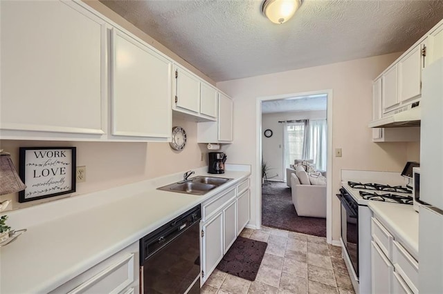 kitchen with black dishwasher, a textured ceiling, range with gas stovetop, sink, and white cabinets