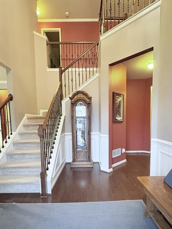 foyer entrance with a towering ceiling and dark hardwood / wood-style flooring