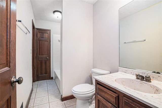 full bathroom featuring a textured ceiling, tile patterned flooring, vanity, toilet, and shower / bathtub combination