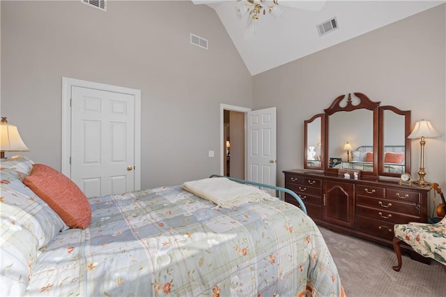 bedroom featuring ceiling fan, high vaulted ceiling, visible vents, and light carpet