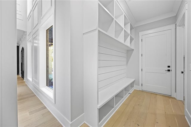 6238 Mount Salem Cir, Flowery Branch, GA 30542 - mudroom with light wood finished floors, plenty of natural light, and ornamental molding