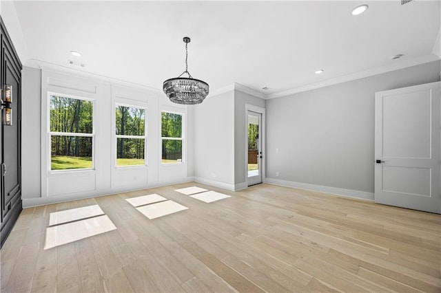 6238 Mount Salem Cir, Flowery Branch, GA 30542 - unfurnished dining area featuring a chandelier, crown molding, light wood-style flooring, and recessed lighting