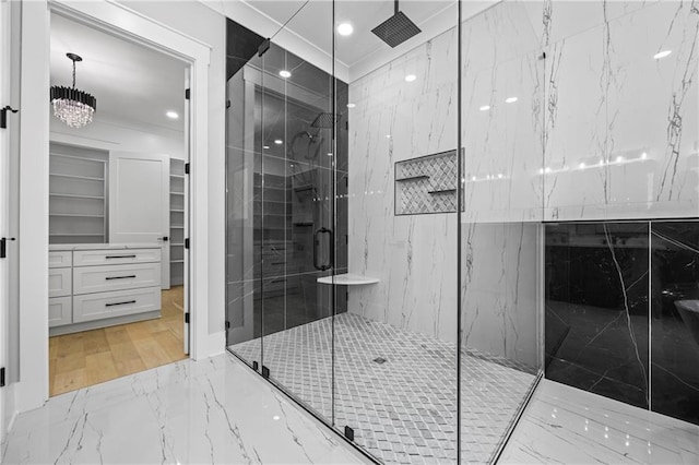 6238 Mount Salem Cir, Flowery Branch, GA 30542 - full bathroom featuring marble tiled floors, a marble finish shower, a spacious closet, and recessed lighting