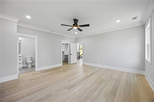 6238 Mount Salem Cir, Flowery Branch, GA 30542 - unfurnished bedroom with light wood-style flooring, crown molding, recessed lighting, a walk in closet, and ensuite bath