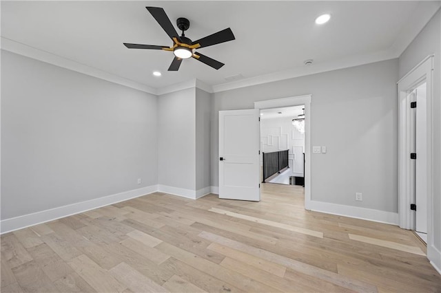 6238 Mount Salem Cir, Flowery Branch, GA 30542 - empty room with ornamental molding, light wood-style floors, a ceiling fan, and recessed lighting