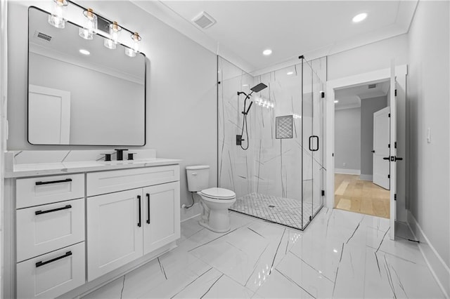 6238 Mount Salem Cir, Flowery Branch, GA 30542 - bathroom featuring marble finish flooring, recessed lighting, vanity, and a marble finish shower