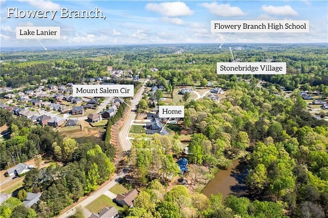6238 Mount Salem Cir, Flowery Branch, GA 30542 - aerial view of property's location featuring a heavily wooded area and nearby suburban area