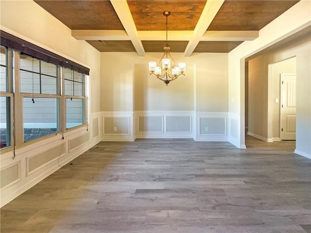 unfurnished dining area with a chandelier, beamed ceiling, coffered ceiling, and wood finished floors