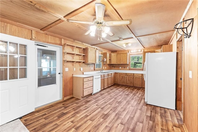kitchen featuring light wood-type flooring, white appliances, wood walls, and light countertops