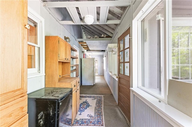 hall with a healthy amount of sunlight and wooden walls