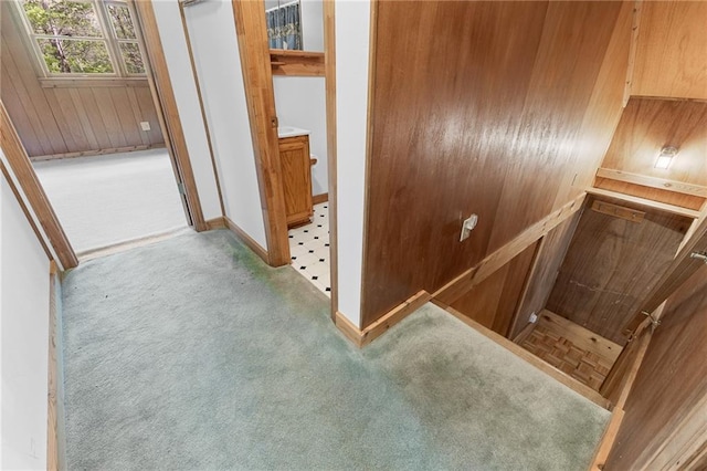 interior space featuring wooden walls, carpet flooring, and baseboards