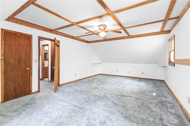bonus room featuring a ceiling fan, carpet flooring, and baseboards