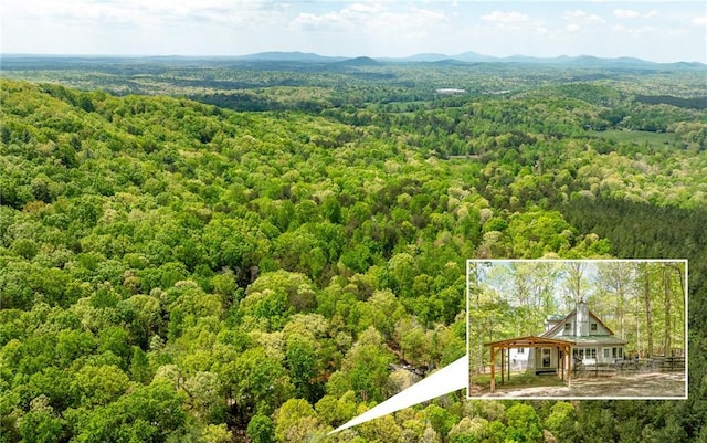 birds eye view of property featuring a forest view