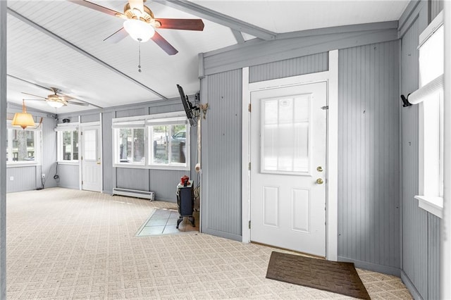 entryway featuring baseboard heating, a ceiling fan, and carpet flooring