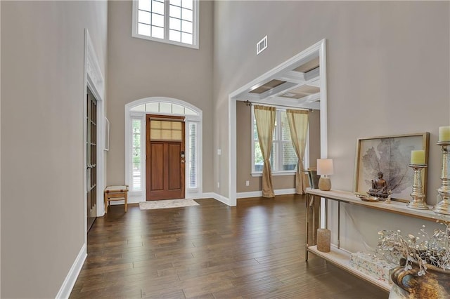 13015 Fox Rd, Alpharetta, GA 30005 - entrance foyer featuring a high ceiling, wood finished floors, beamed ceiling, and coffered ceiling