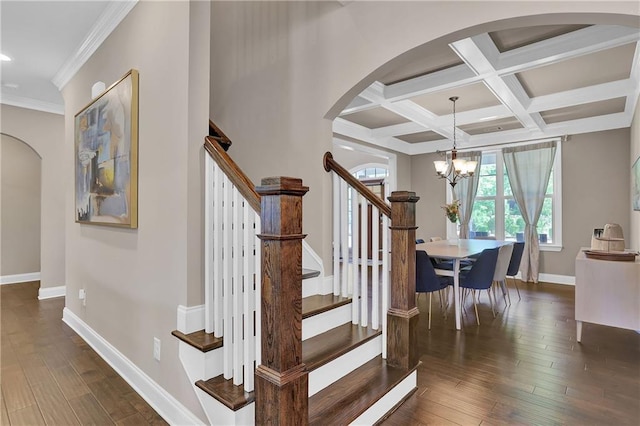 13015 Fox Rd, Alpharetta, GA 30005 - staircase with hardwood / wood-style floors, arched walkways, a chandelier, beamed ceiling, and crown molding