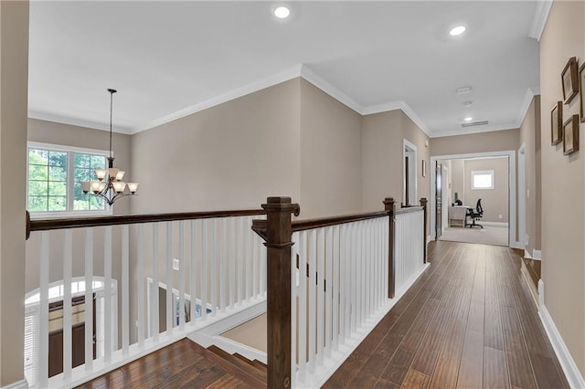 13015 Fox Rd, Alpharetta, GA 30005 - corridor with healthy amount of natural light, a chandelier, an upstairs landing, recessed lighting, and dark wood finished floors