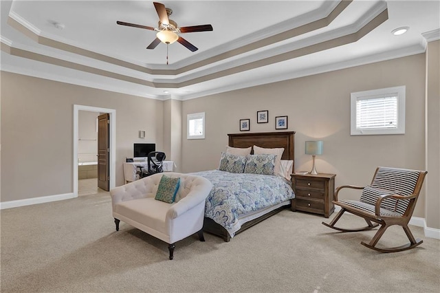 13015 Fox Rd, Alpharetta, GA 30005 - bedroom featuring a raised ceiling, crown molding, light carpet, recessed lighting, and ensuite bath