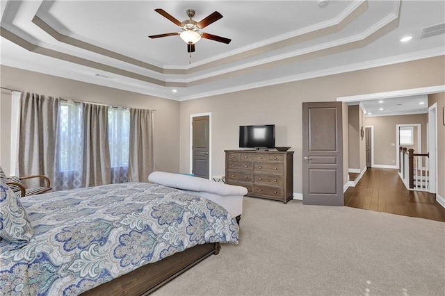 13015 Fox Rd, Alpharetta, GA 30005 - carpeted bedroom featuring a tray ceiling, ornamental molding, recessed lighting, and ceiling fan