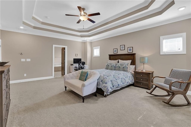 13015 Fox Rd, Alpharetta, GA 30005 - bedroom with a tray ceiling, ornamental molding, light colored carpet, recessed lighting, and ensuite bath