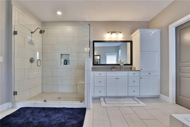 13015 Fox Rd, Alpharetta, GA 30005 - bathroom with a shower stall, vanity, and tile patterned floors