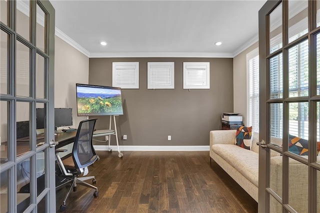 13015 Fox Rd, Alpharetta, GA 30005 - office featuring dark wood-type flooring, ornamental molding, plenty of natural light, and recessed lighting