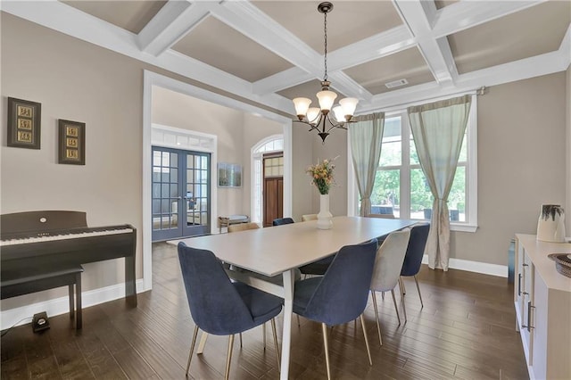 13015 Fox Rd, Alpharetta, GA 30005 - dining room with a chandelier, coffered ceiling, french doors, beam ceiling, and dark wood-type flooring
